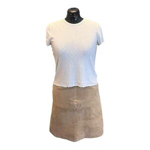 Co-ord Set: A-Line Suede Skirt in Sand & Marled Lettuce Hem T-Shirt in Cream